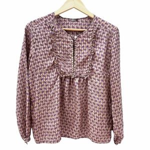 Matta 100% Silk Blouse Top Ruffle Bib Tan Purple Print Sz S Long Sleeve